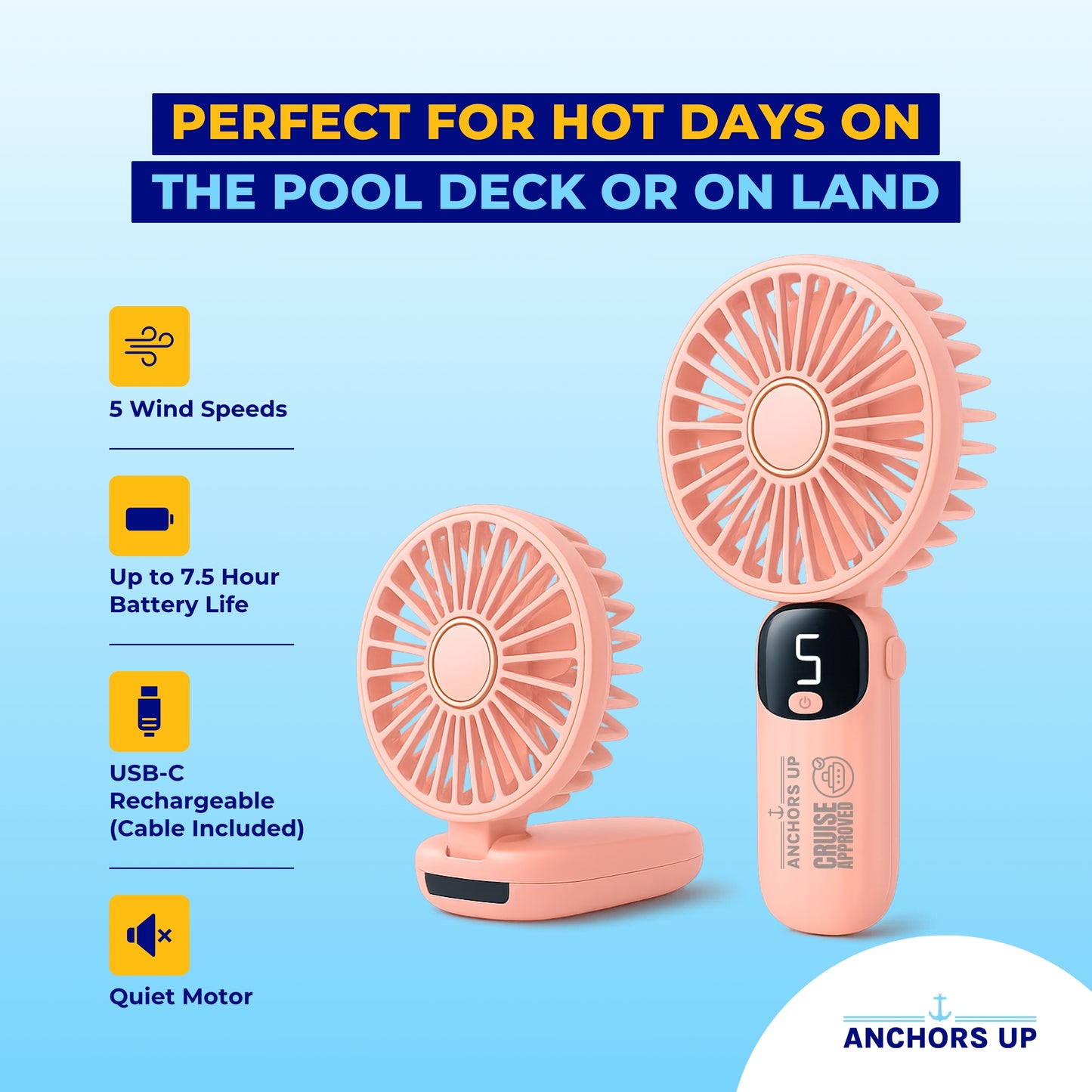Cruise Approved 5-Speed Handheld Travel Fan – USB Rechargeable