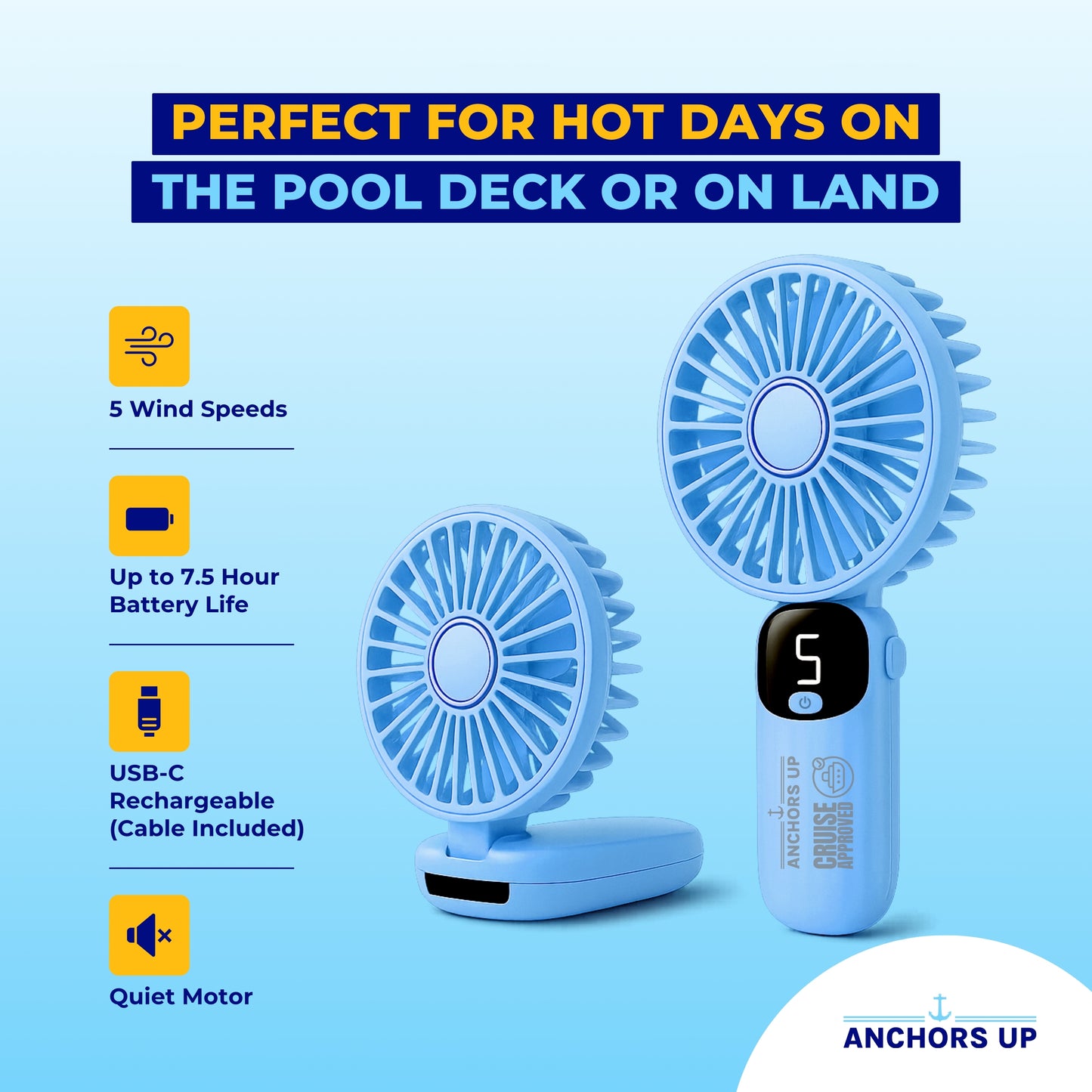 Cruise Approved 5-Speed Handheld Travel Fan – USB Rechargeable