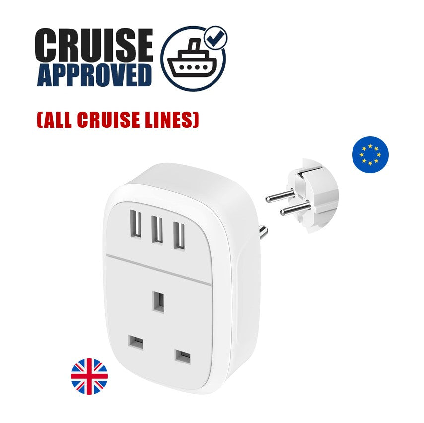 4-in-1 UK to EU Travel Adaptor (1 UK + 3 USB) - CRUISE APPROVED Anchors Up