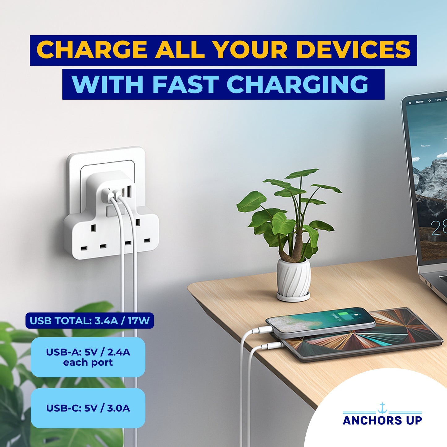 Cruise Approved UK to US Travel Adaptor 7-in-1  (2 UK + 3 USB-A + 1 USB-C + Night Light)