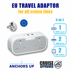 5-in-1 UK to EU Travel Adaptor (2 UK + 2 USB + 1 USB-C) - CRUISE APPROVED Anchors Up