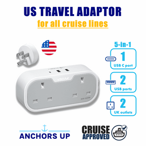 5-in-1 UK to US Travel Adaptor (2 UK + 2 USB + 1 USB-C) - CRUISE APPROVED Anchors Up