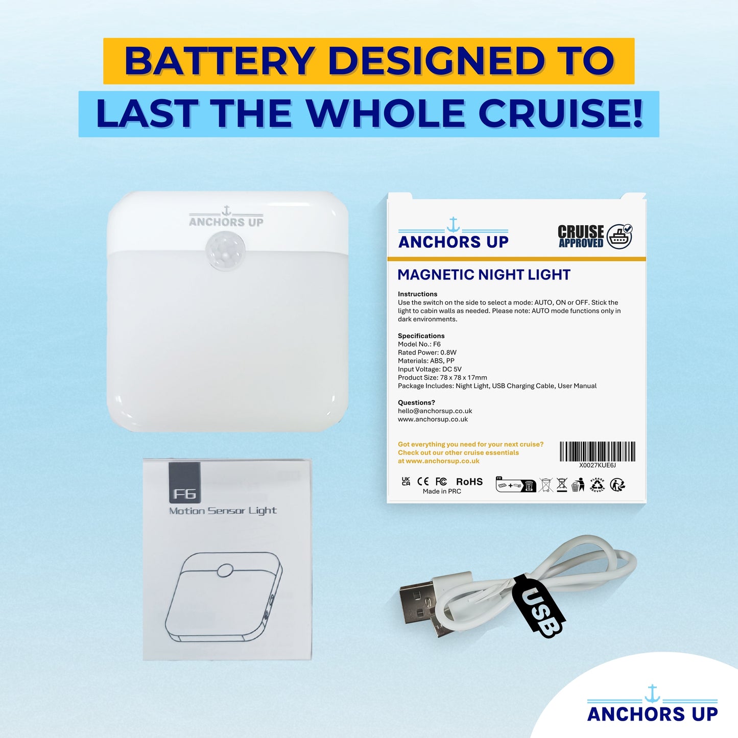 Magnetic Cabin Night Light for Cruises - Motion Sensor & USB Rechargeable