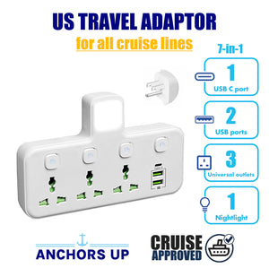 7-in-1 UK to US Travel Adaptor (3 Universal + 2 USB + 1 USB-C + 1 Nightlight) - CRUISE APPROVED