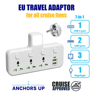 7-in-1 UK to EU Travel Adaptor (3 Universal + 2 USB + 1 USB-C + 1 Nightlight) - CRUISE APPROVED