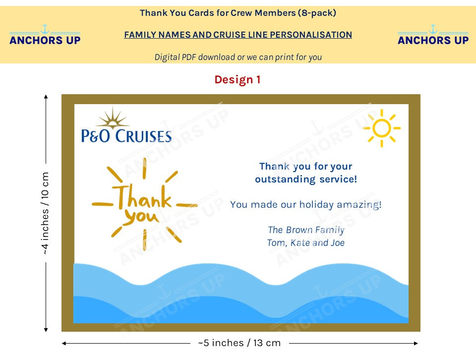 Personalised Thank You Cards for Cruise Staff (8 pack) - All Cruise Lines Anchors Up