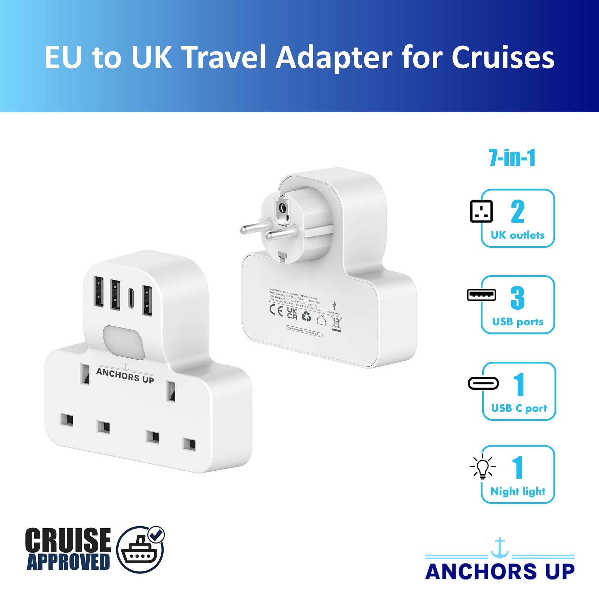 7-in-1 UK to EU Travel Adaptor (2 UK + 3 USB-A + 1 USB-C + 1 Night Light) - CRUISE APPROVED