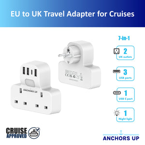 7-in-1 UK to EU Travel Adaptor (2 UK + 3 USB-A + 1 USB-C + 1 Night Light) - CRUISE APPROVED