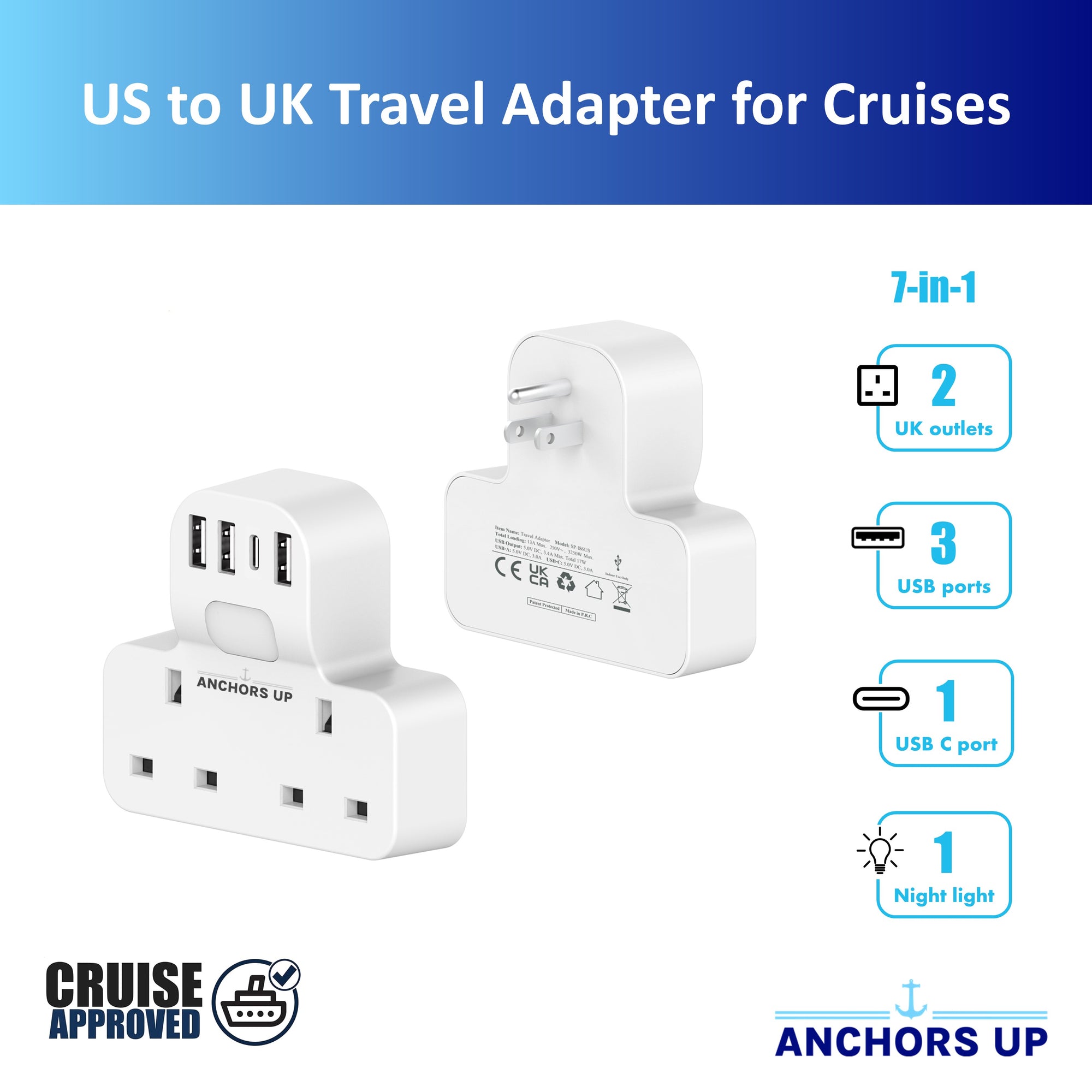 7-in-1 UK to US Travel Adaptor (2 UK + 3 USB-A + 1 USB-C + 1 Night Light) - CRUISE APPROVED