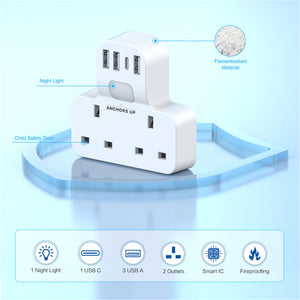 7-in-1 UK to EU Travel Adaptor (2 UK + 3 USB-A + 1 USB-C + 1 Night Light) - CRUISE APPROVED