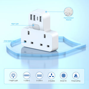 7-in-1 UK to UK Travel Extension Lead (2 UK + 3 USB-A + 1 USB-C + 1 Night Light) - CRUISE APPROVED