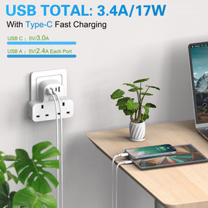 7-in-1 UK to UK Travel Extension Lead (2 UK + 3 USB-A + 1 USB-C + 1 Night Light) - CRUISE APPROVED
